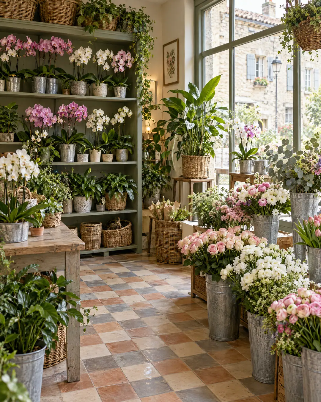 Orchidées, plantes vertes et fleurs coupées dans une boutique de fleuriste
