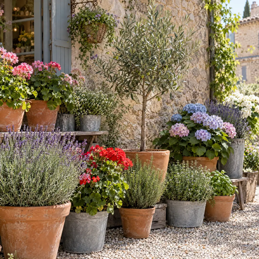 Plantes de saison en pots devant un mur de pierre