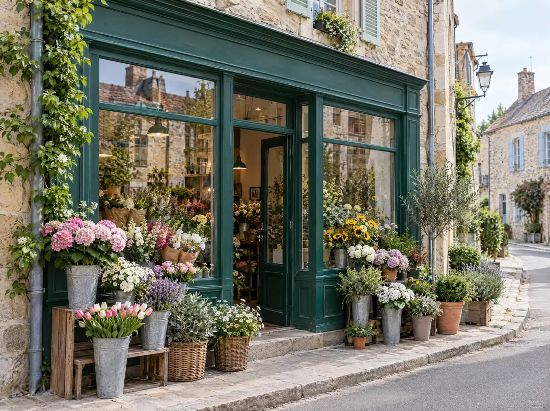 Devanture de fleuriste avec des seaux de fleurs sur le trottoir