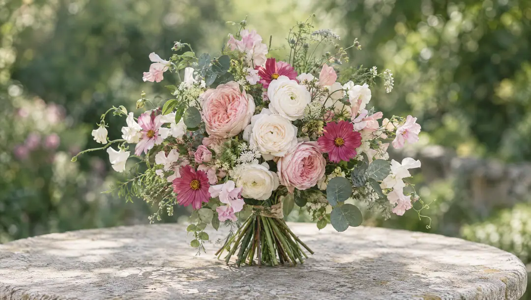 Bouquet de roses et de renoncules aux tons rose et crème