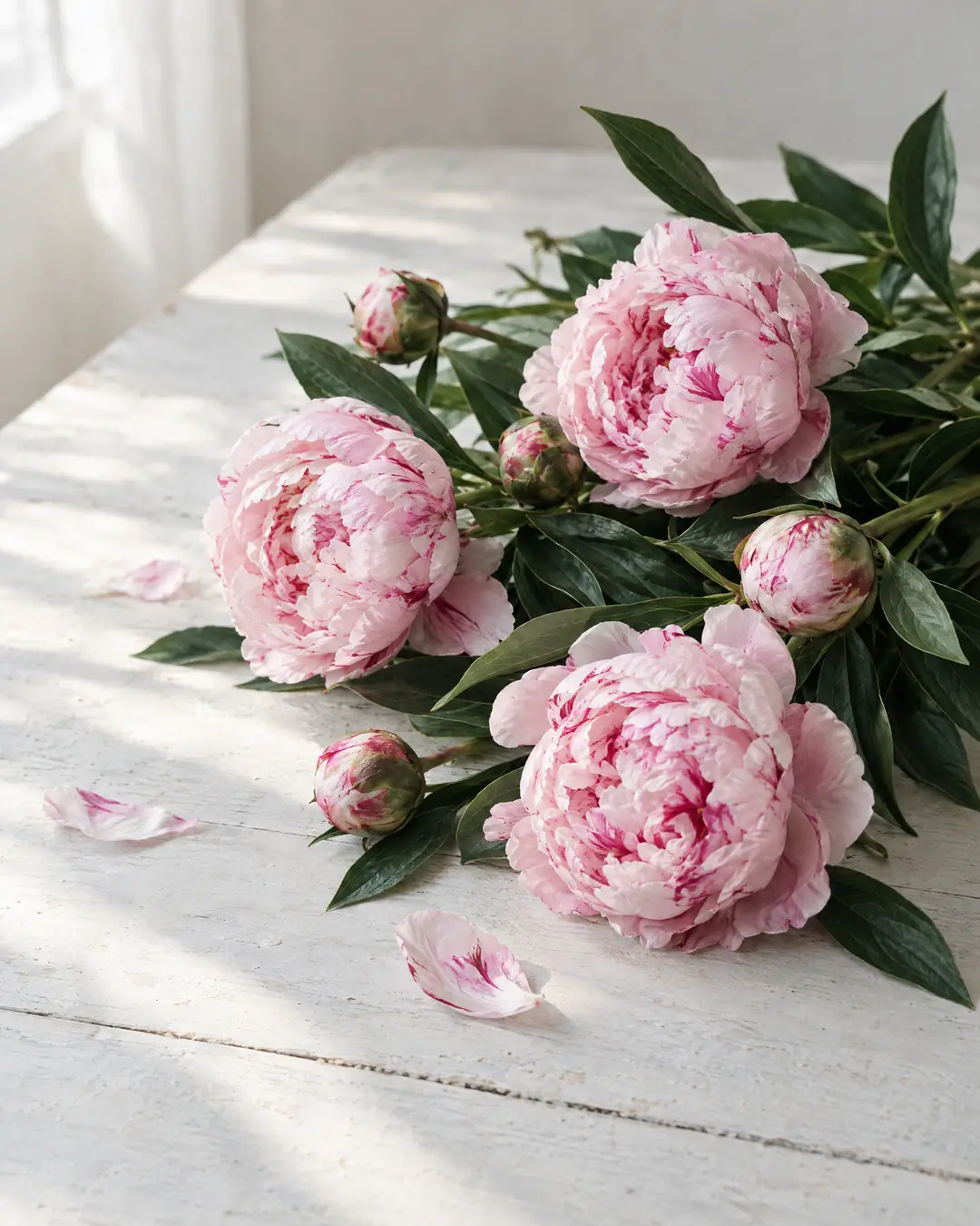 Pivoines roses posées sur une table en bois blanchi